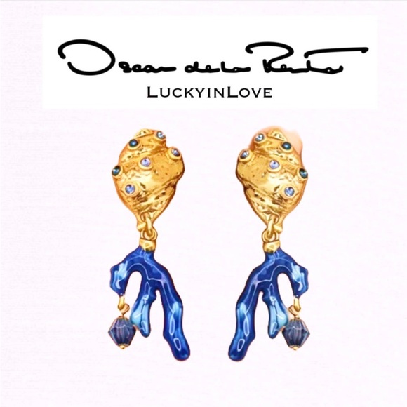 OSCAR de la RENTA • Gold Shell Blue Coral Post Drop Earrings